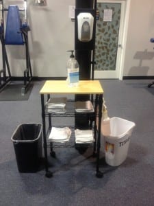 A cleaning station at Powerhouse Gym Louisville.